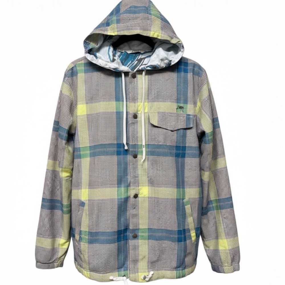 Kirra Men’s Lightweight Hooded Plaid Windbreaker Jacket Large Snap Front Lined